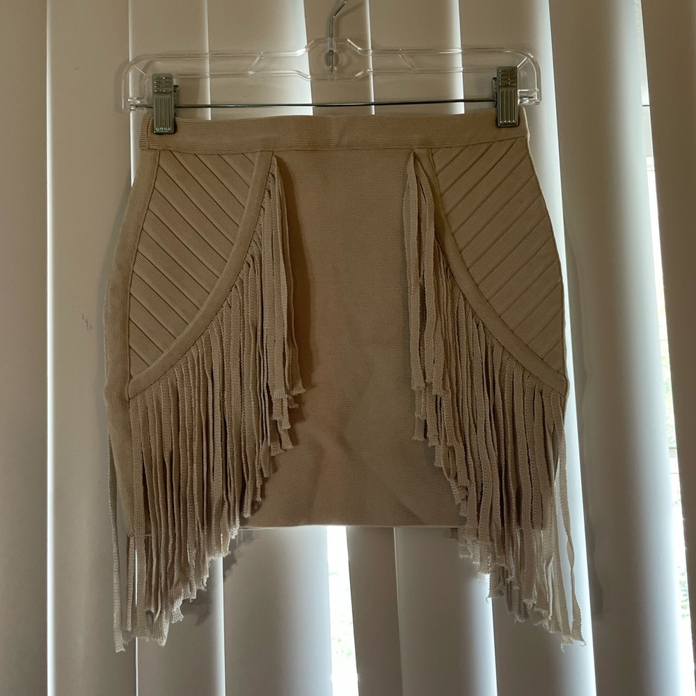 Ronny Kobo Collection Beige Fringed Pencil Skirt